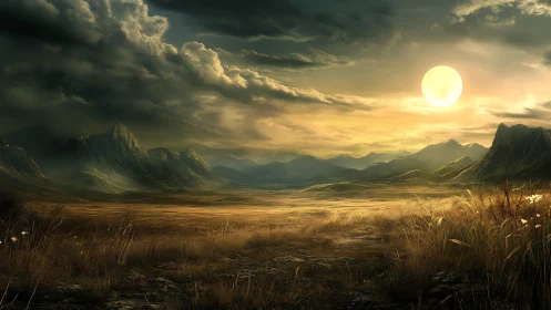 Solar-illuminated valley plain under brooding stratiform clouds