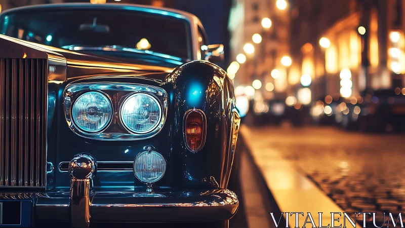 Classic luxury car glows under warm city night lights