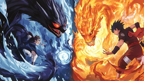 Elemental ninja duel erupts between fire and water spirits.