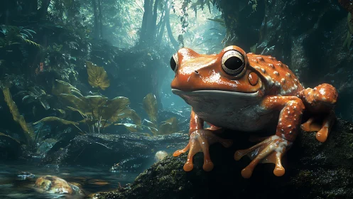 Orange frog perched on wet rock in dense rainforest.