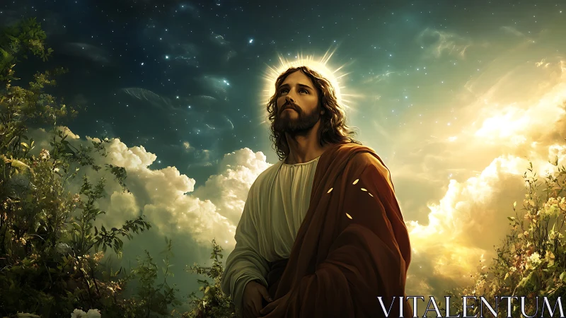 Radiant robed figure gazes heavenward amid glowing clouds.