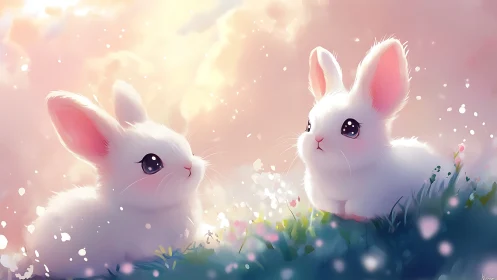 Dual luminous bunnies in diffuse backlit meadow atmosphere.
