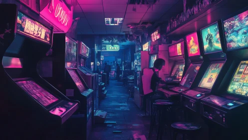 Neon arcade corridor hums while a lone player rewrites night