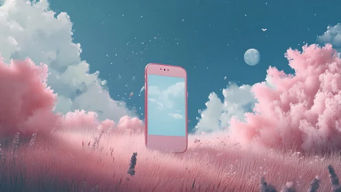 Surreal digital meadow with pink smartphone portal centerpiece.