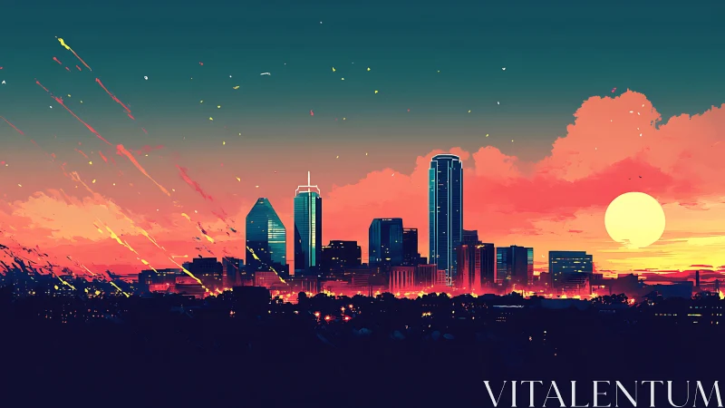 Digital city skyline intersects low sun and layered clouds