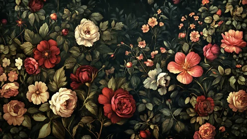 Classical Garden Floral Arrangement with Roses and Botanicals on Dark Background