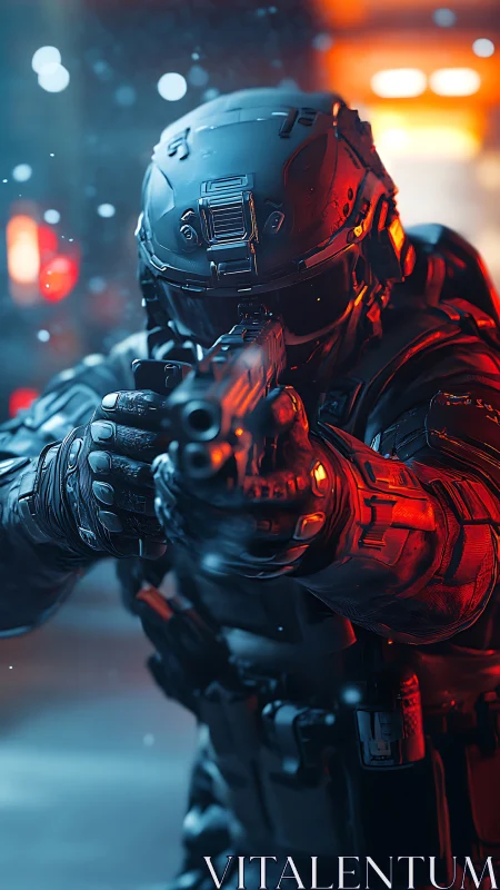 Armored futuristic soldier takes aim in neon-lit snowfall