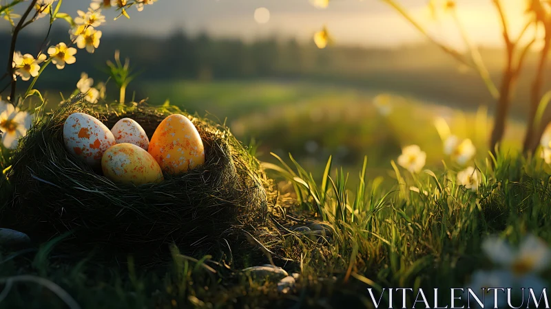 Speckled eggs rest in nest under warm golden sunrise light