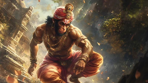 Mythic monkey warrior leaping through sunlit temple storm.