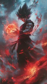 Fiery anime warrior calmly shapes blazing cosmic power