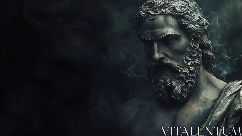 Moody stone bust of ancient bearded male figure in smoke.