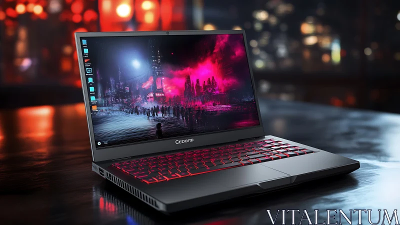 Neon city laptop ignites a cyber skyline on glassy night desk.