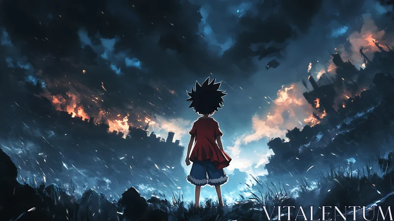 Boy in red coat watches burning city under stormy sky.