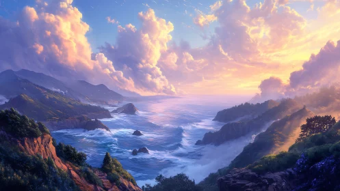 Luminous sunset over rugged coastal cliffs and dynamic surf