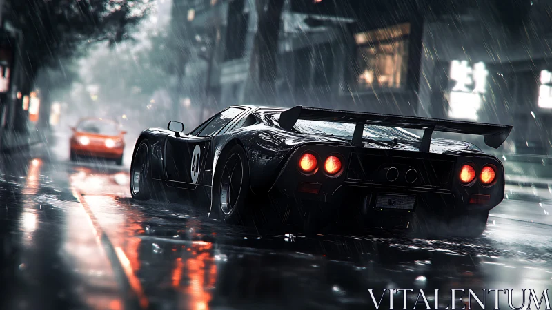 Wet-night rear chase view of GT race car on neon city street