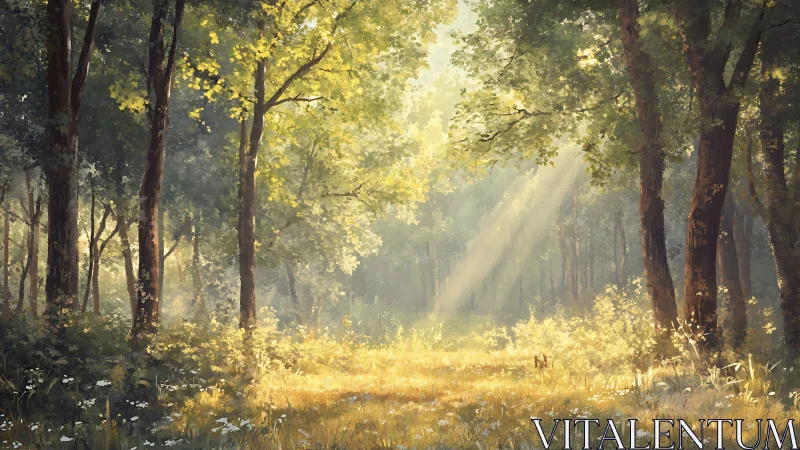 Morning sun tiptoes through a quiet, honey-gold forest glade