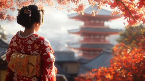 Kimono-clad woman gazes at pagoda amid autumn blossoms.