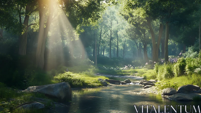 Sunlight Dances Through Ancient Forest Canopy Where Water Flows