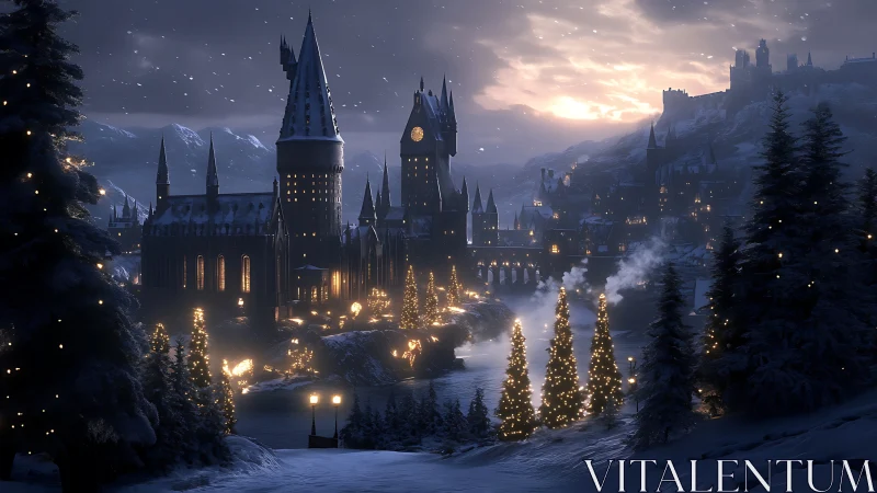 Snowy wizarding castle glows warmly under a twilight sky