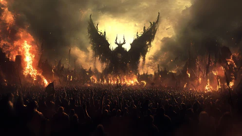 Infernal winged titan looms above a burning apocalyptic horde.