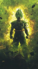 Powerful anime warrior ignites amid explosive green energy