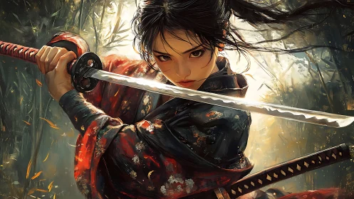 Fierce samurai heroine poised with gleaming katana blade.