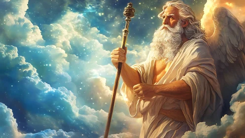 Celestial patriarch with scepter amid stratified luminous nebulae.