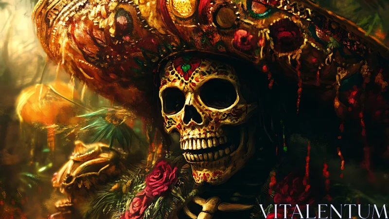 Ornate calavera skeleton in gilded sombrero under warm spectral light