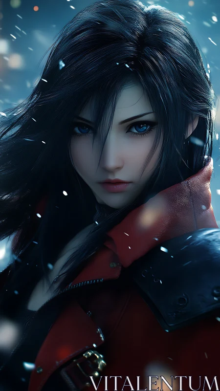 Blue-eyed warrior stands in snowfall with crimson coat