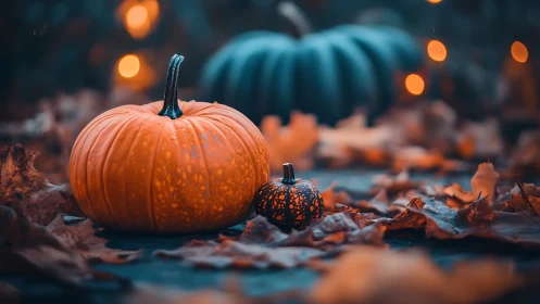 Three pumpkins on autumn leaves with soft defocused lights.