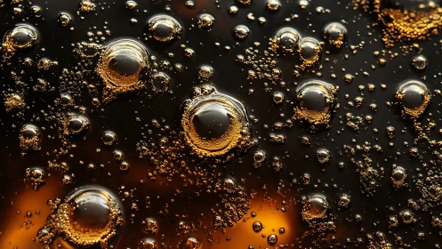 Macro view shows suspended bubbles in dark liquid medium