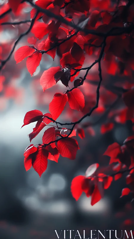 Red autumn leaves on dark branches in soft forest light.
