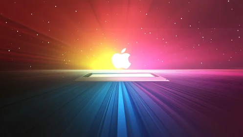 Glowing white apple logo over stylized device horizon.