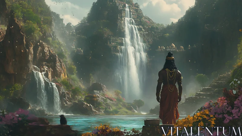Mythic figure overlooks cascading jungle waterfalls panorama.