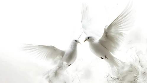 Two white doves in flight against neutral background.
