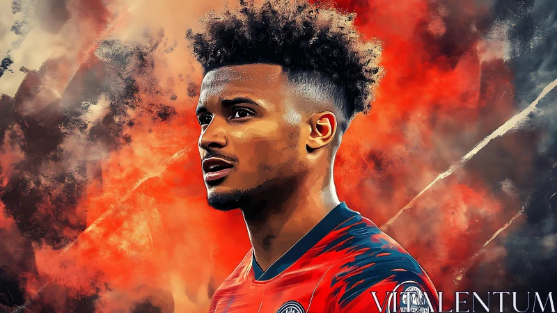Digital painting portrait of footballer with fiery abstract backdrop.