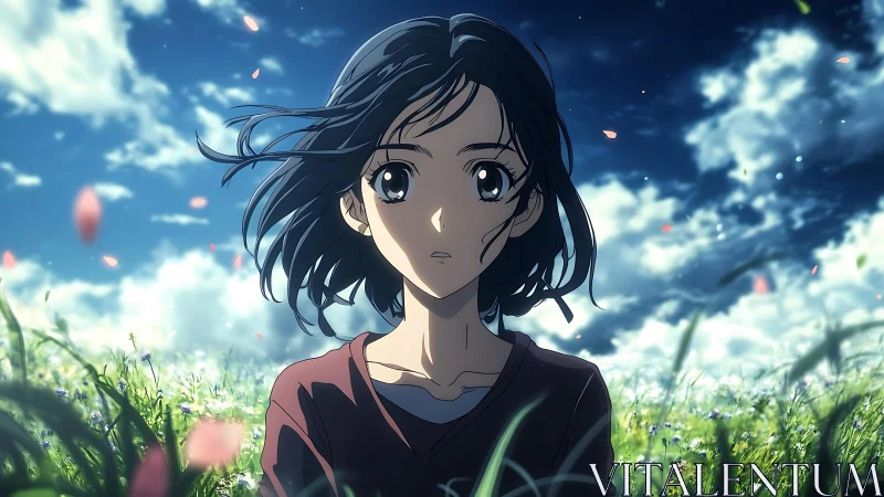 Wind-swept anime portrait in dynamic meadow lighting field.