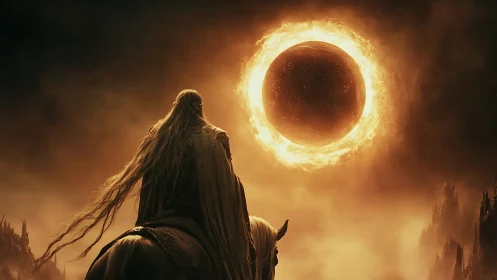 Rider observing fiery eclipse above obscured landscape.