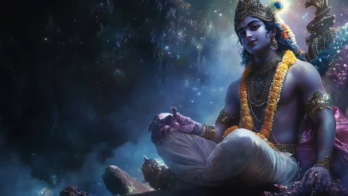 Seated blue-skinned deity in ornate garments and cosmic void.