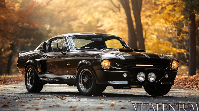 Classic black muscle car captured in high-contrast autumn backlight