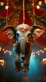 Ornate circus elephant suspended under luminous carnival canopy