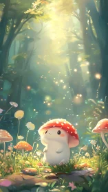 Tiny forest friend under a glowing mushroom umbrella.