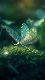Digital render depicts luminous dragonfly on moss surface