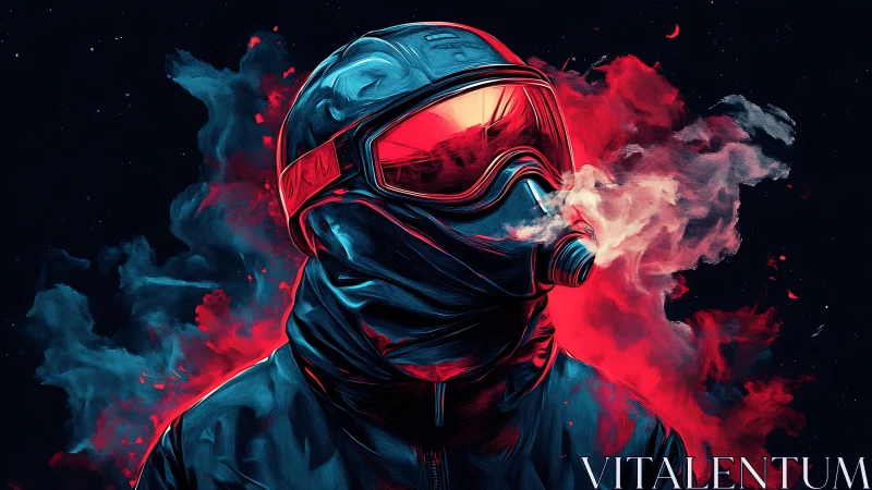 Gas-masked figure in neon red vapor with high-contrast lighting effects