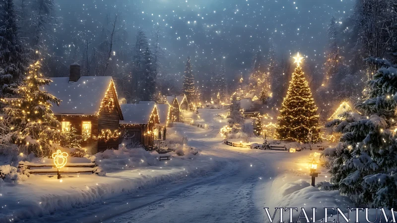 Snowy village street glows under warm Christmas lights tonight