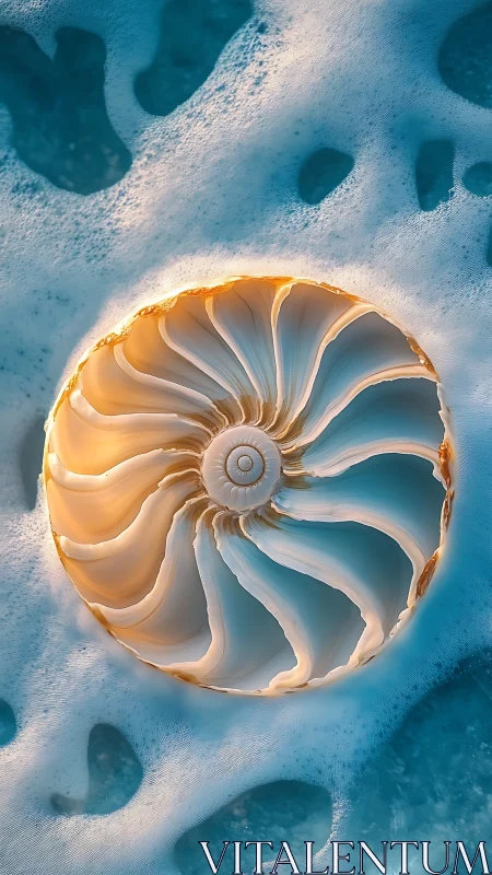Sunlit seashell spiral cradled in soft ocean foam.