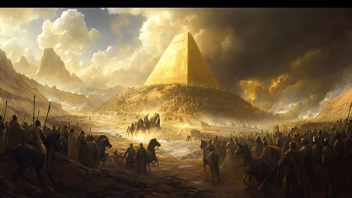 Ancient armies converge on colossal desert pyramid at dawn.