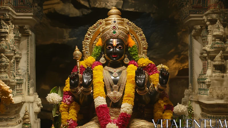Black stone Hindu deity statue adorned with vivid garlands
