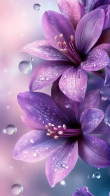 Purple flowers with water droplets against gradient background.