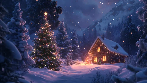 Snowy mountain cabin glowing with cozy holiday lights.